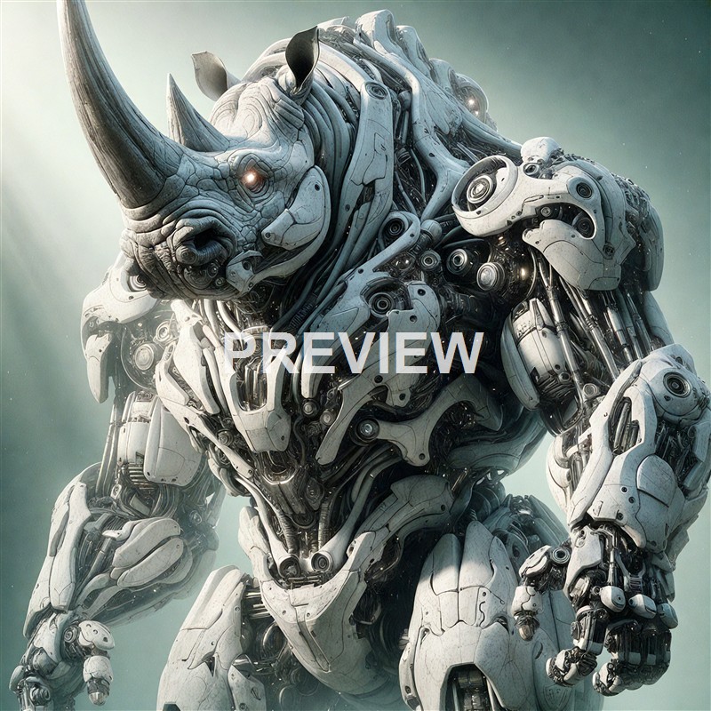 A highly detailed and futuristic robotic rhinoceros composed of various mechanical parts, with glowing eyes and a textured metallic surface.